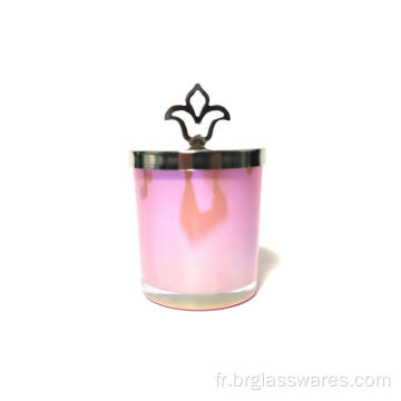 Pot à bougie en verre coloré avec couvercle à bouton en forme de flamme